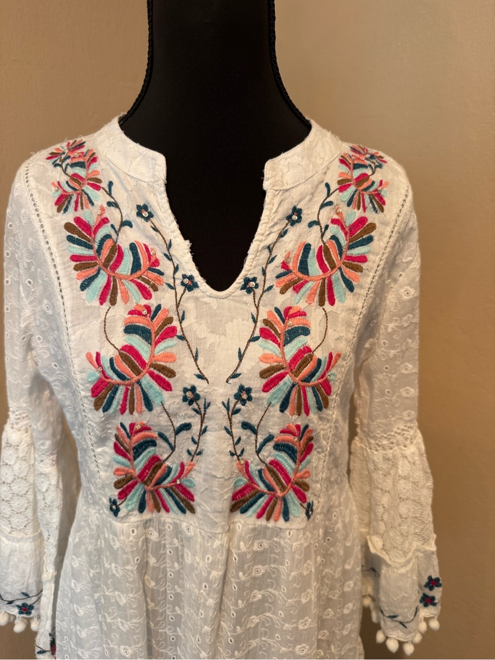 Gorgeous Boho White Embroidered Dress with Colorful Floral Detail & Pom Pom Trim - Picture 2 of 7